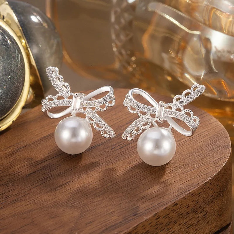Cute Girl Fashion Trendy Lace Bow Pearl Earrings