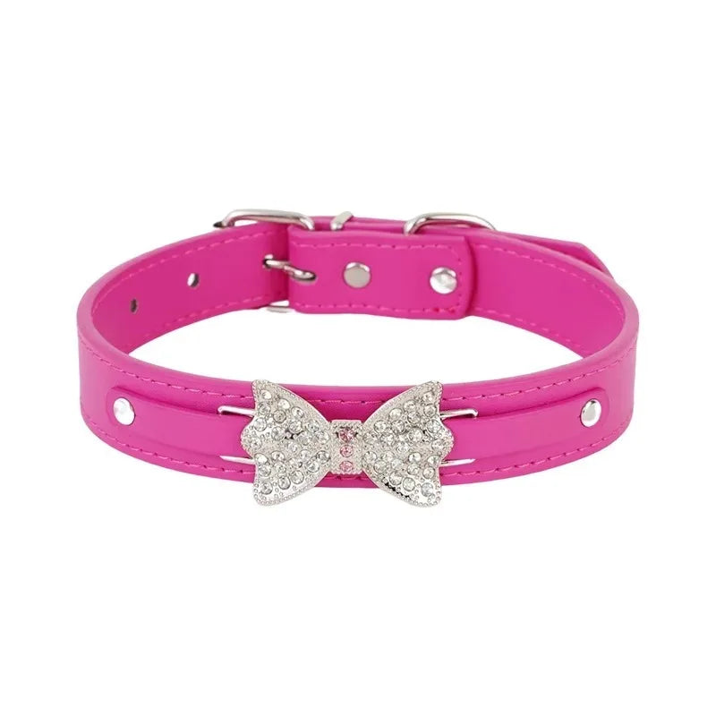 Cute PU Leather Dog Puppy Collar Bling Rhinestone Bowknot for Small Medium Larger Dog