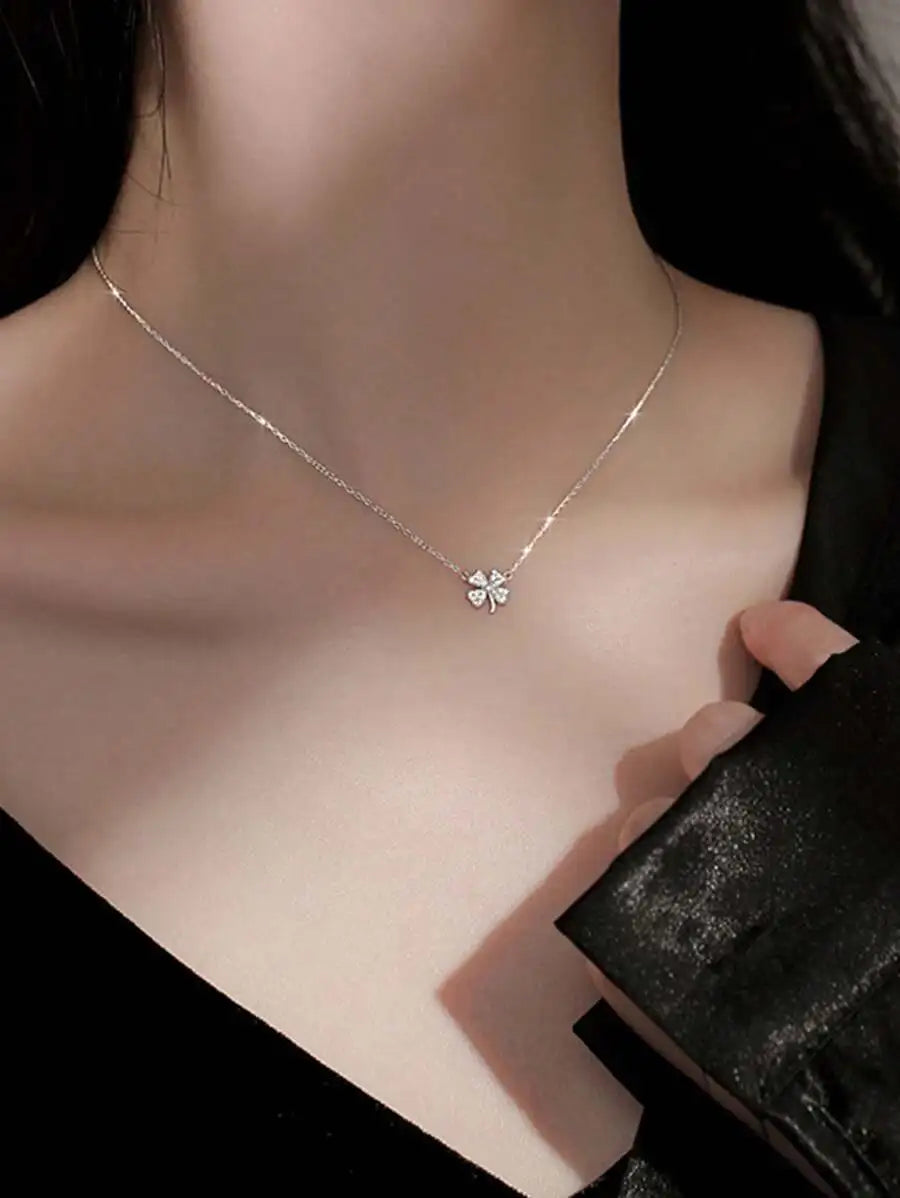 Silver Color Lucky Clover Rhinestone Pendant Chain Necklace For Women