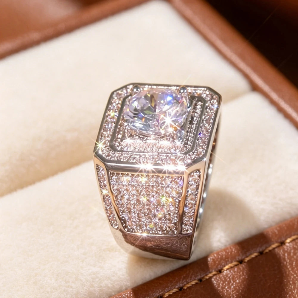 Elegant Men's Heavyweight Geometric Square Wide Ring with 3D Surrounding Shimmering Stone