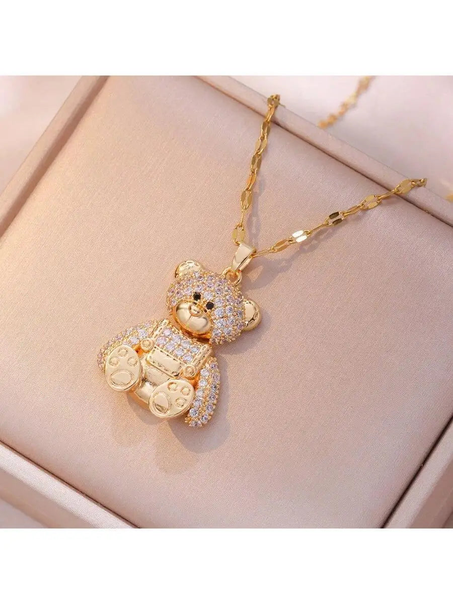 Cute Bear Pendant Necklace With Rhinestone Inlay For Women Titanium Steel Chain