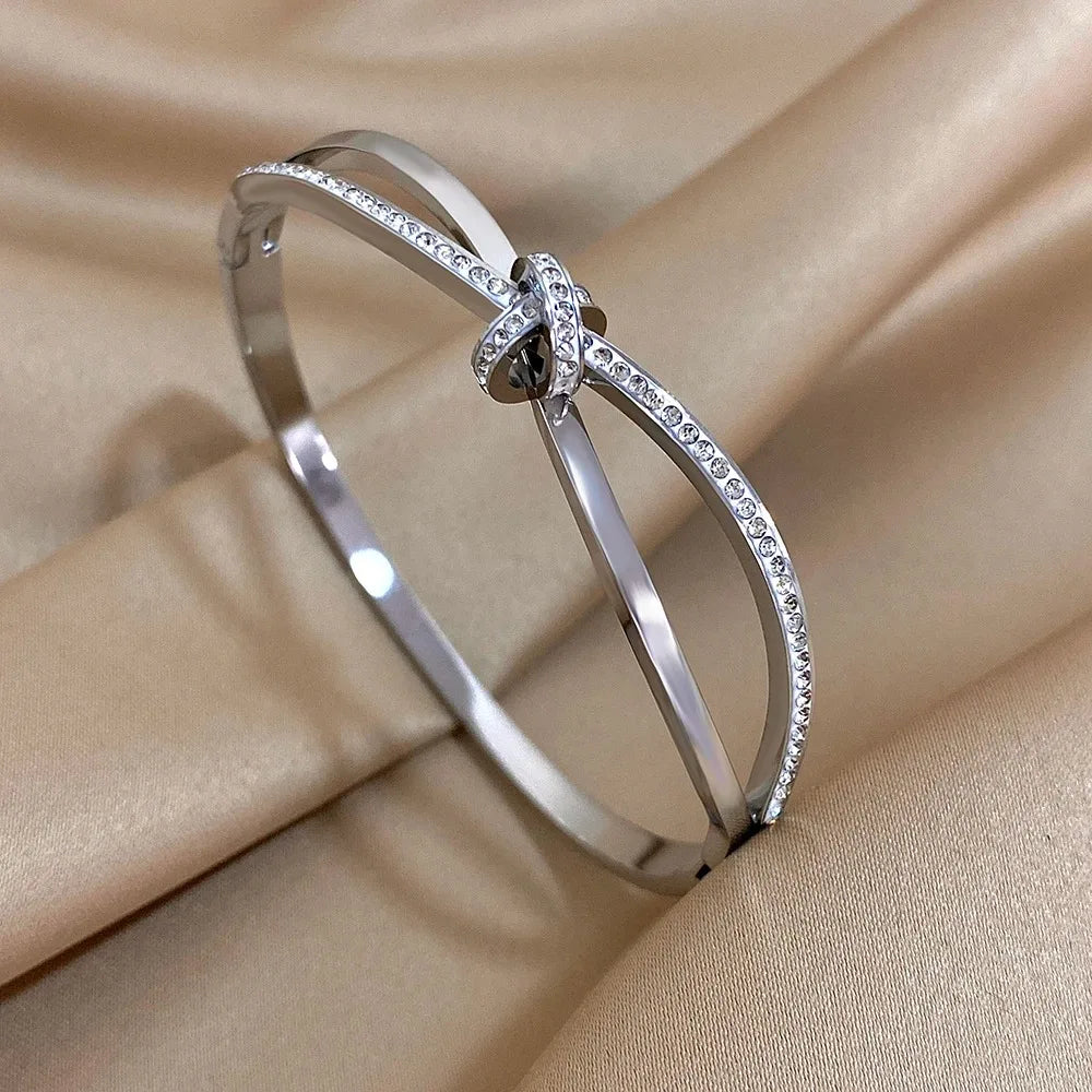 Stainless Steel Bracelet, Trendy with Rhinestone Inlaid Knot Bangles Bracelets for Women