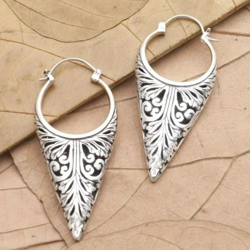 Vintage Silver Color Metal Hollow Carving Geometry Pattern Dangle Earrings for Women