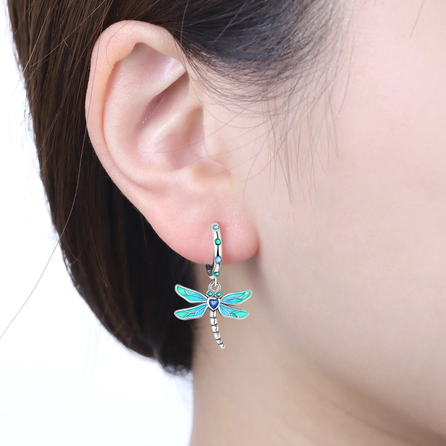 Beautiful S925 Sterling Silver Zirconia Butterfly Gradient Dragonfly Earrings