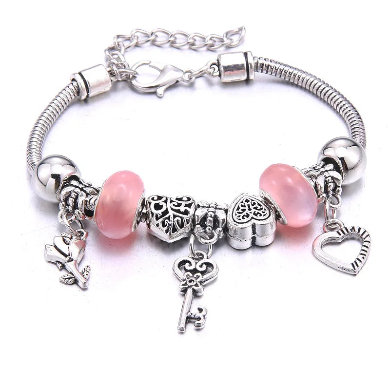 Pink Butterfly Charm Bracelet Snake Chain Lobster Clasp Beaded Bangle