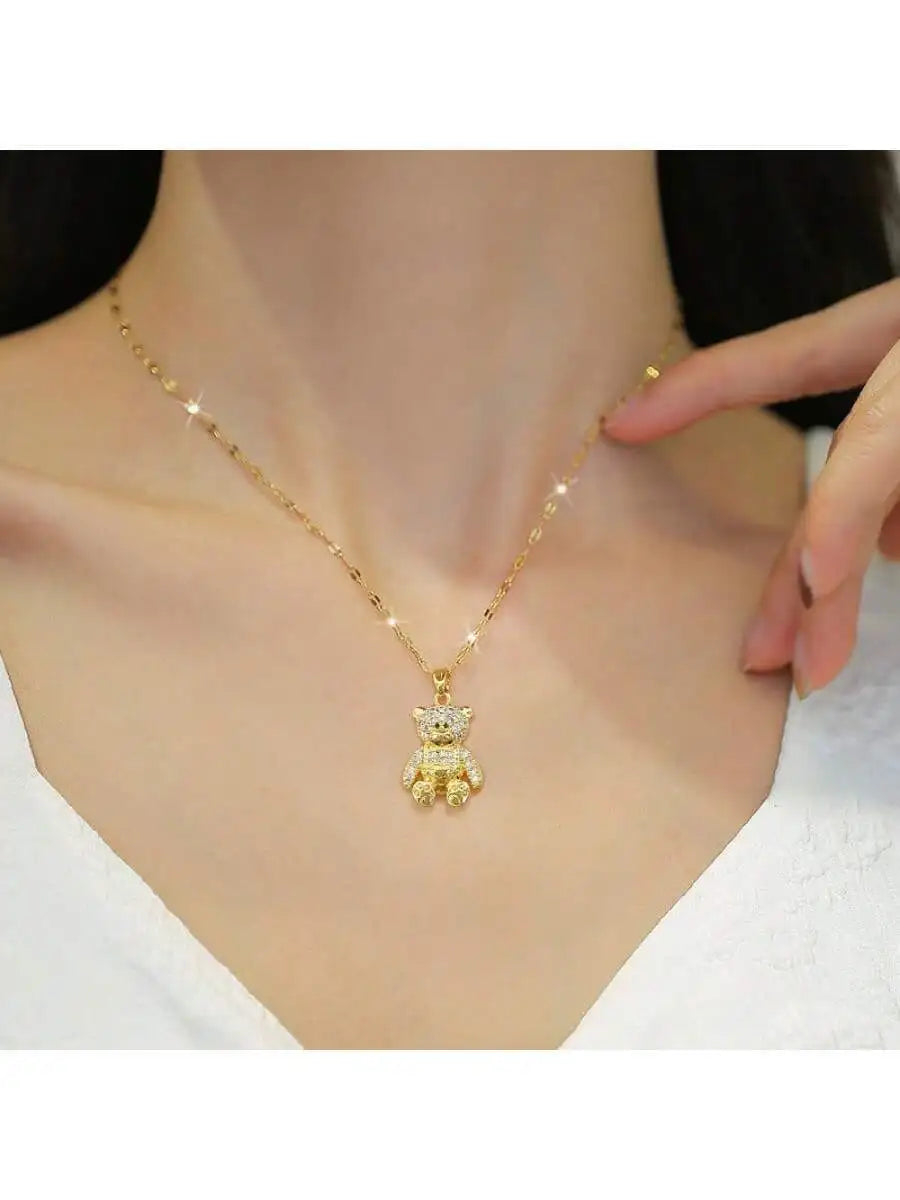 Cute Bear Pendant Necklace With Rhinestone Inlay For Women Titanium Steel Chain