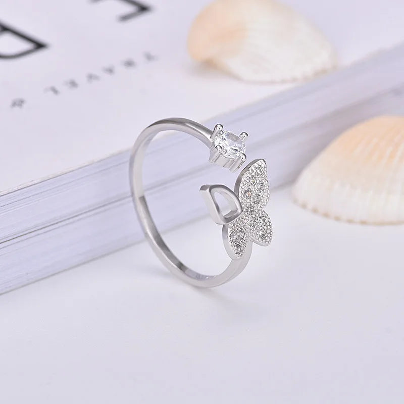 Elegant 925 Sterling Silver Ring Cute Butterfly White Zircon Open Ring for Women