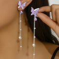 Purpule Rhinestone Butterfly Tassel Earrings for Women Imitation Pearl Beads Pendants
