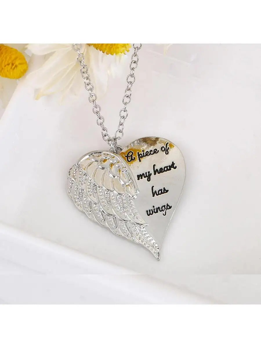 Angel Wing Heart Pendant Necklace With Engraved Slogan For Women