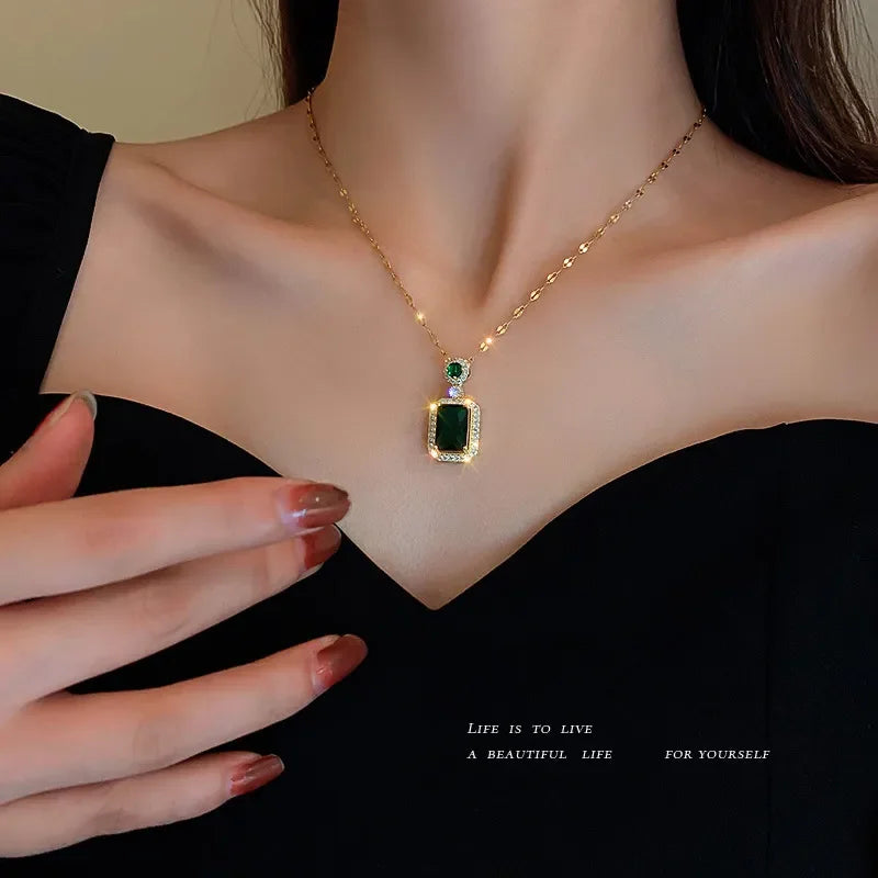 Silver Needle Zircon Emerald Artificial Crystal Earrings Necklace Set