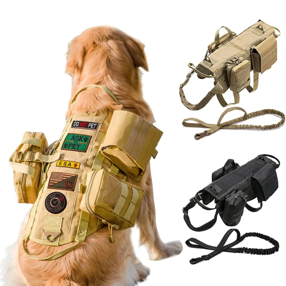 Large Dog Tactical Harness & Leash with MOLLE Pouches Military Vest with Handle
