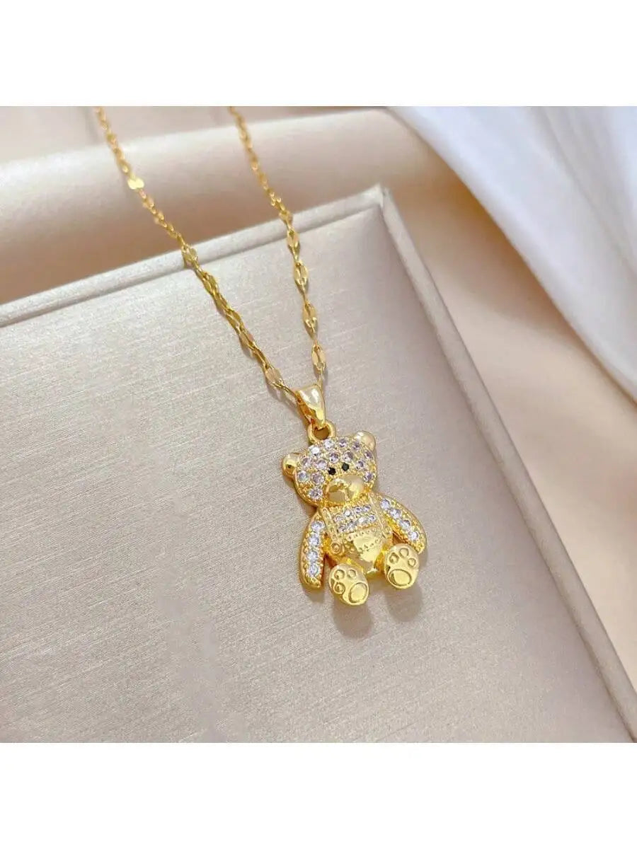 Cute Bear Pendant Necklace With Rhinestone Inlay For Women Titanium Steel Chain