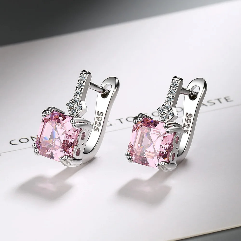 Silver Color Square Zircon Earrings for Women 925 Silver Needle Ear Buckles Earring