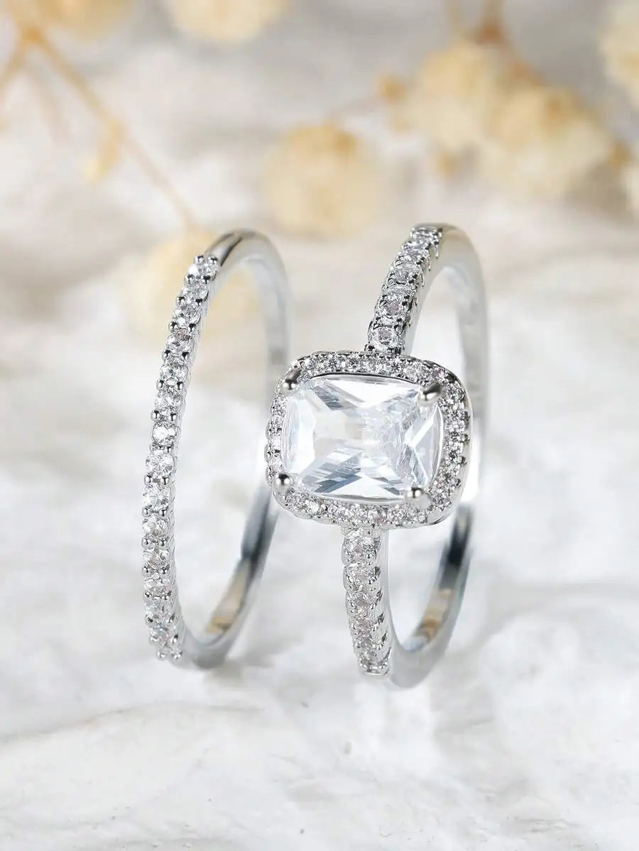 Fashion Square Cut White Zirconia Ring Set For Women