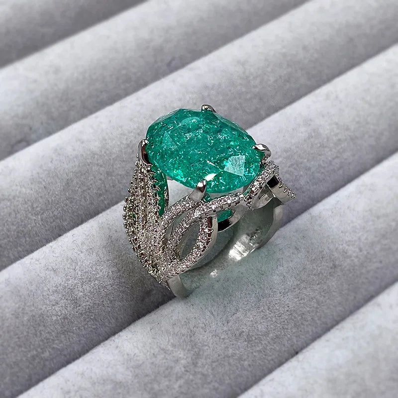 925 Silver Plated Exquisite Blue Green Moissanite Ring Fire Sparkling Luxury Open Ring