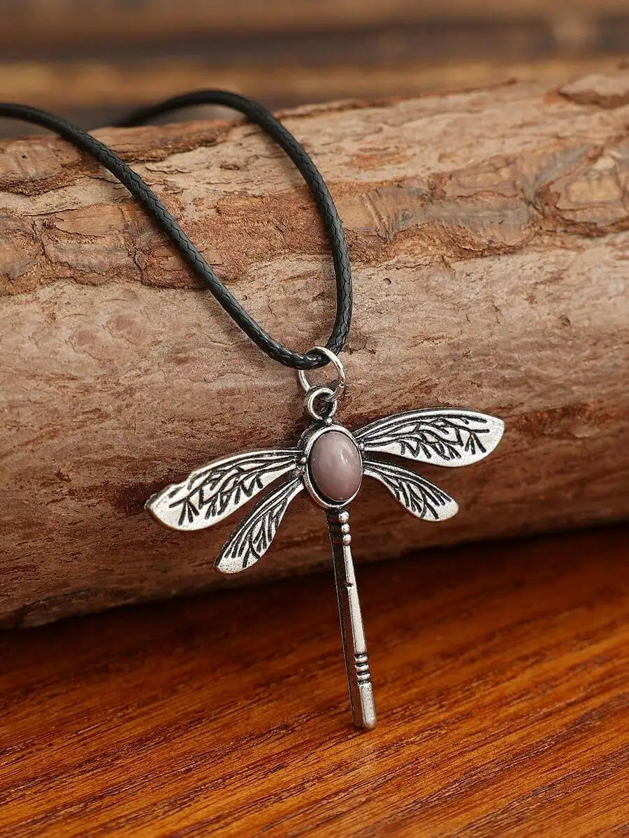 Gothic Retro Dragonfly Pendant Necklace With Gemstone Boho Style For Women