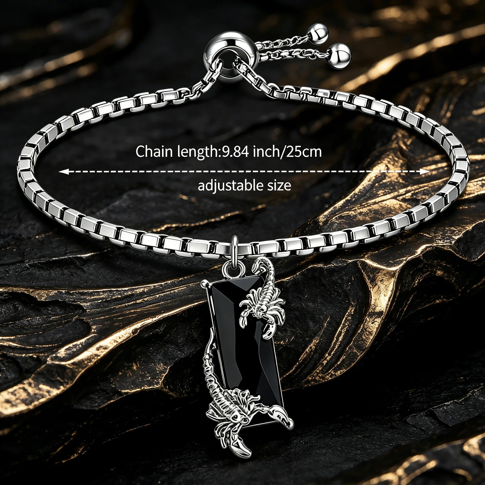 Two Scorpion Black Rectangular Inlay Adjustable Box Chain Bracelet for Women