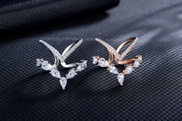 925 Sterling Silver Irregular Double Layer Zirconia Ring For Women Resizable Rings