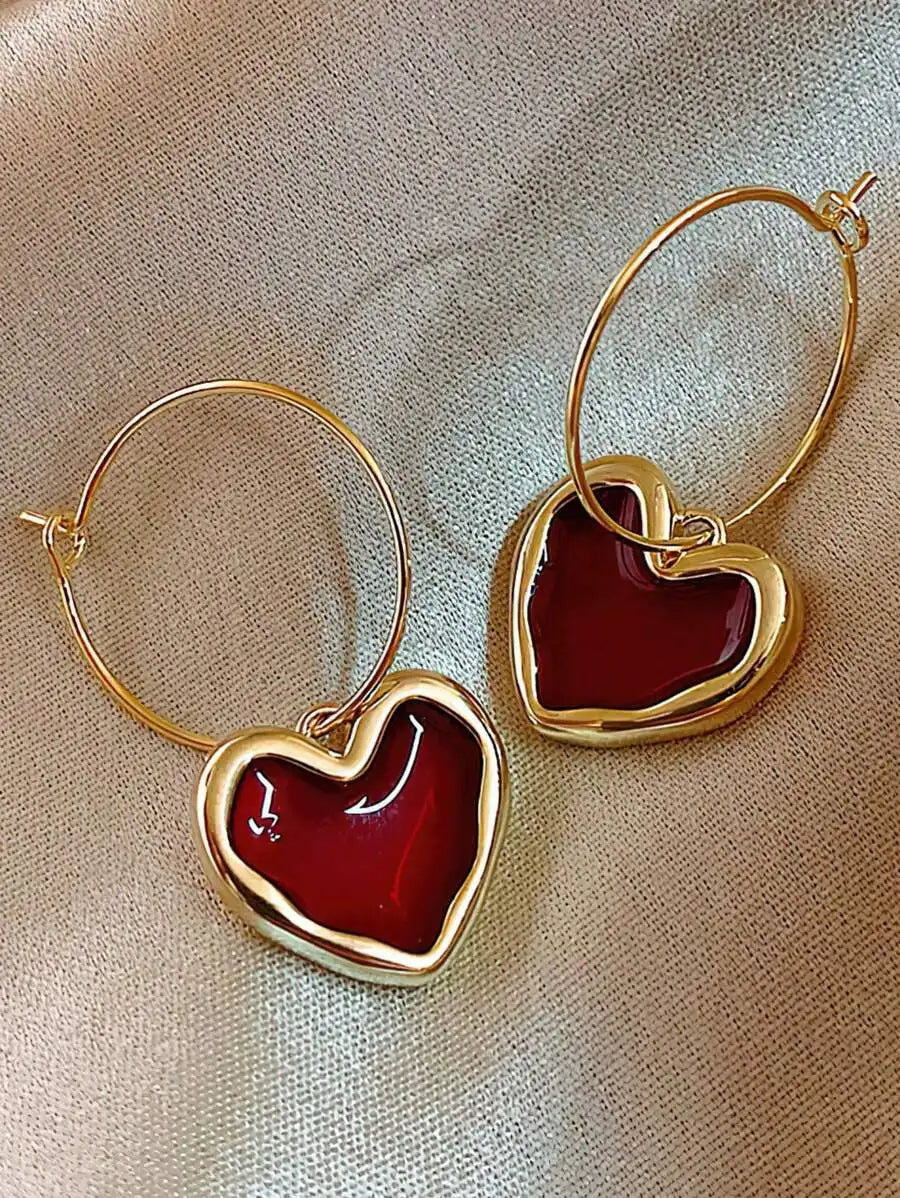 Retro Elegant Alloy Burgundy Heart Rhinestone Drop Earrings For Women