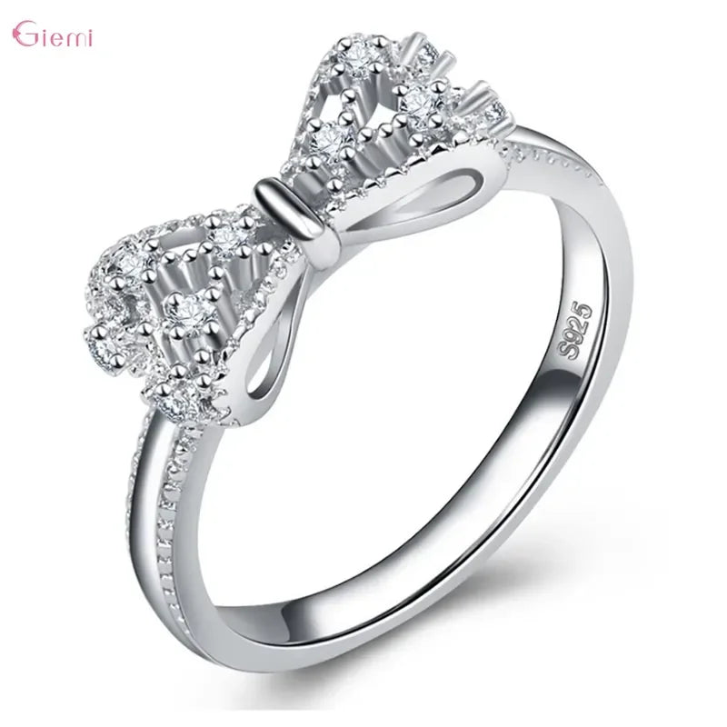 925 Sterling Silver Bowknot Bow Knot Cubic Zirconia Rhinestone Rings