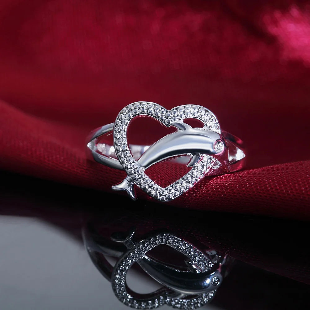 High Quality 925 Sterling Silver Fine Dolphins Heart Rings For Women