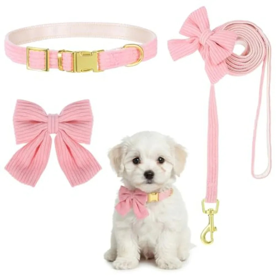 2pcs Dog Collar and Leash Set with Bowtie Cute Small Dog Collar Harness Leash Set Adjustable Breathable Soft Padded