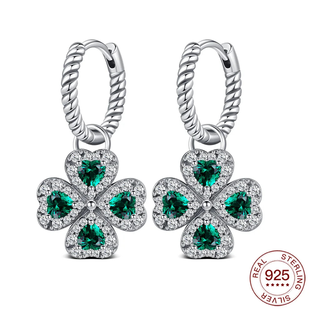 925 Sterling Silver Elegant Sparkling Lucky Clover Hoops Earring For Women