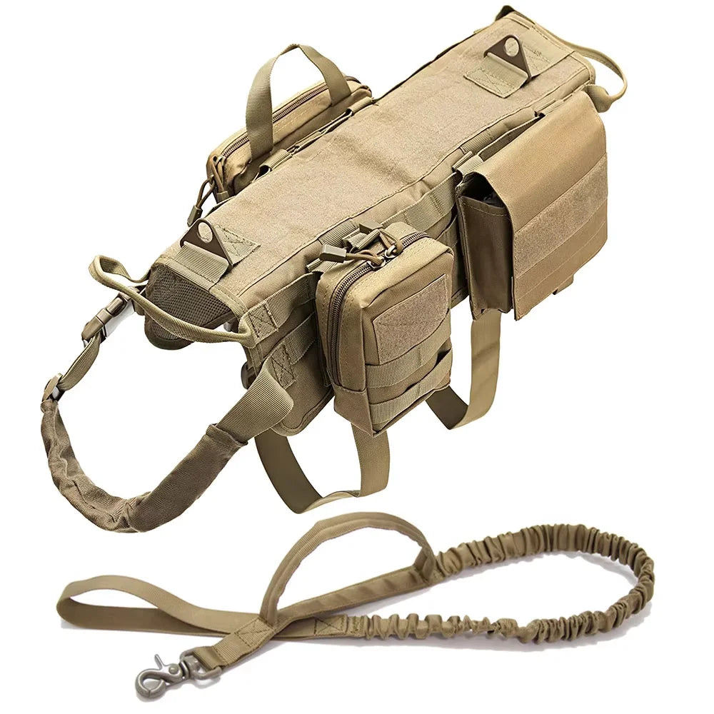 Large Dog Tactical Harness & Leash with MOLLE Pouches Military Vest with Handle