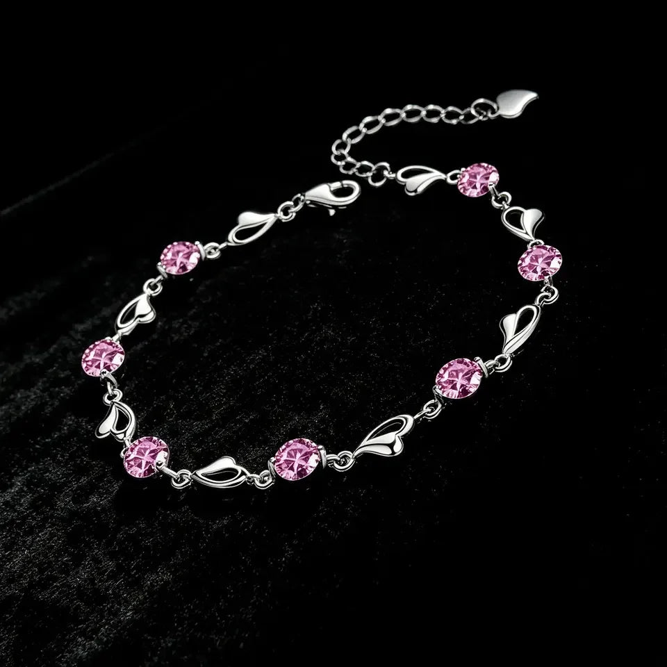 Beautiful 925 Sterling Silver Heart Shaped Bracelet For Women vintage style Pink Moissanite