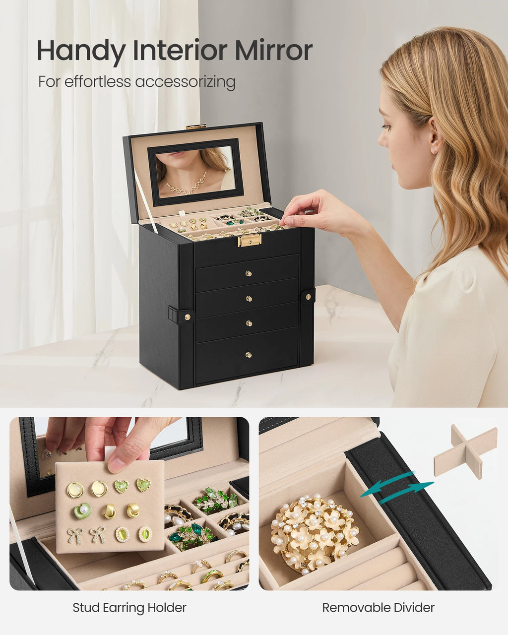 Beautiful 5-Layer Jewelry Box Organizer with 4 Drawers, Jewelry Storage Case with Lock and Mirror