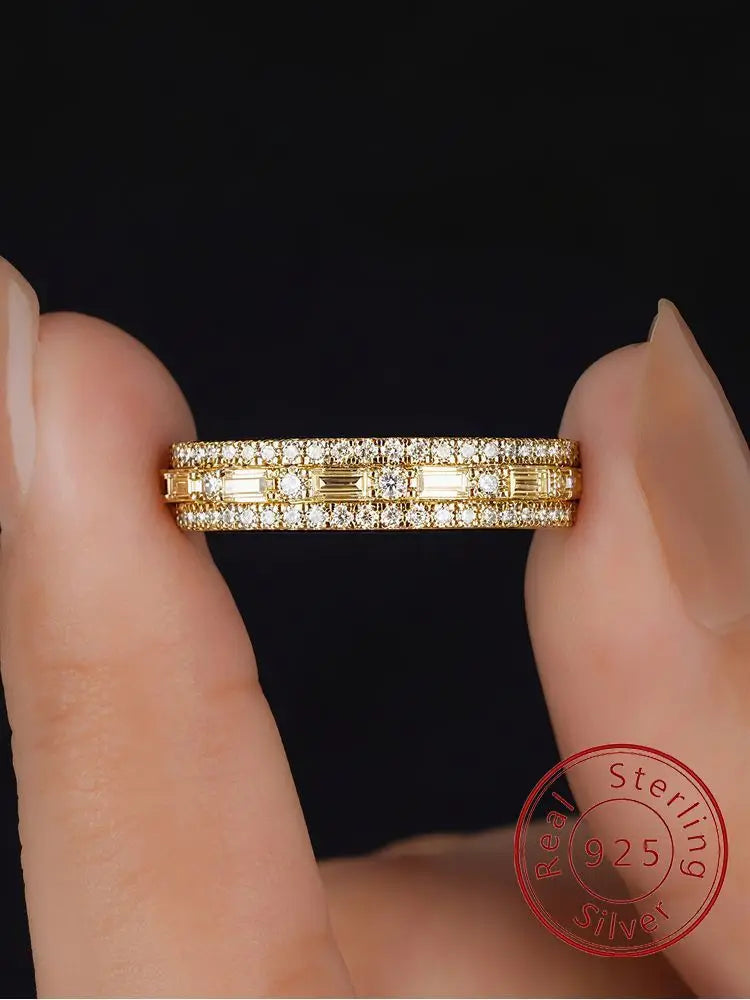 925 Sterling Silver Golden Simpe Rectangular Round Zircon Ring For Women