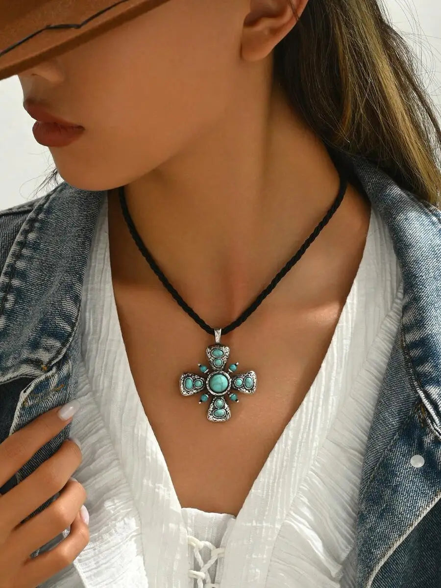 Vintage Bohemian Turquoise Inlaid Cross Pendant Necklace For Women