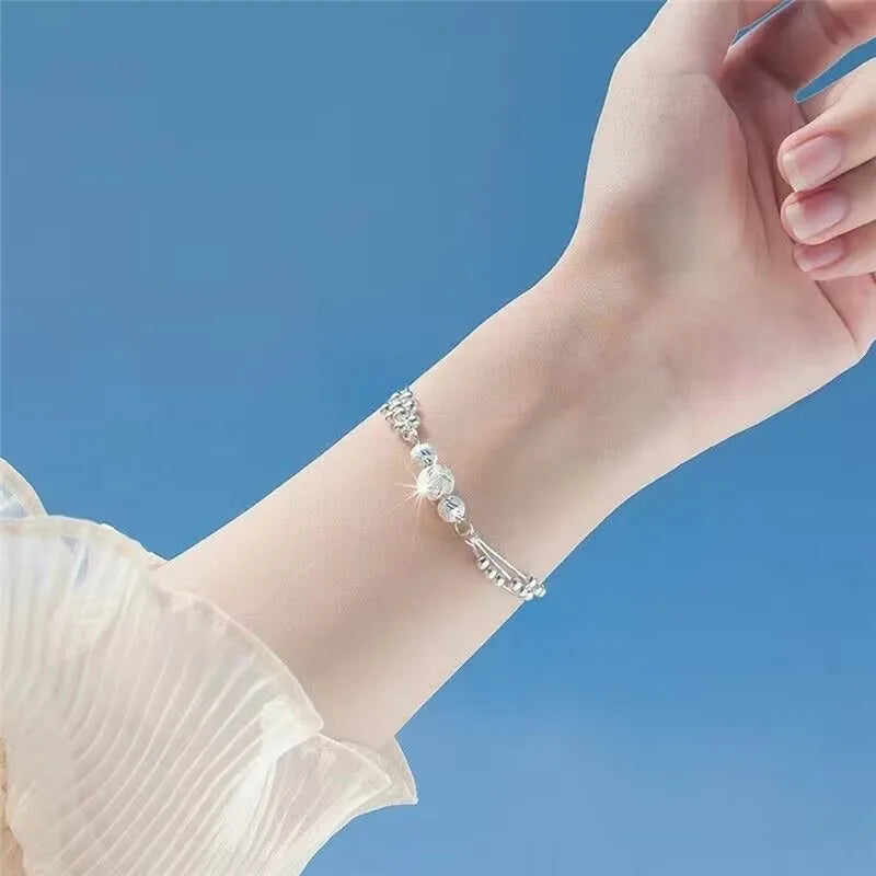 Fine 925 Sterling Silver Lucky Beads Ball Chain Bracelet For Women