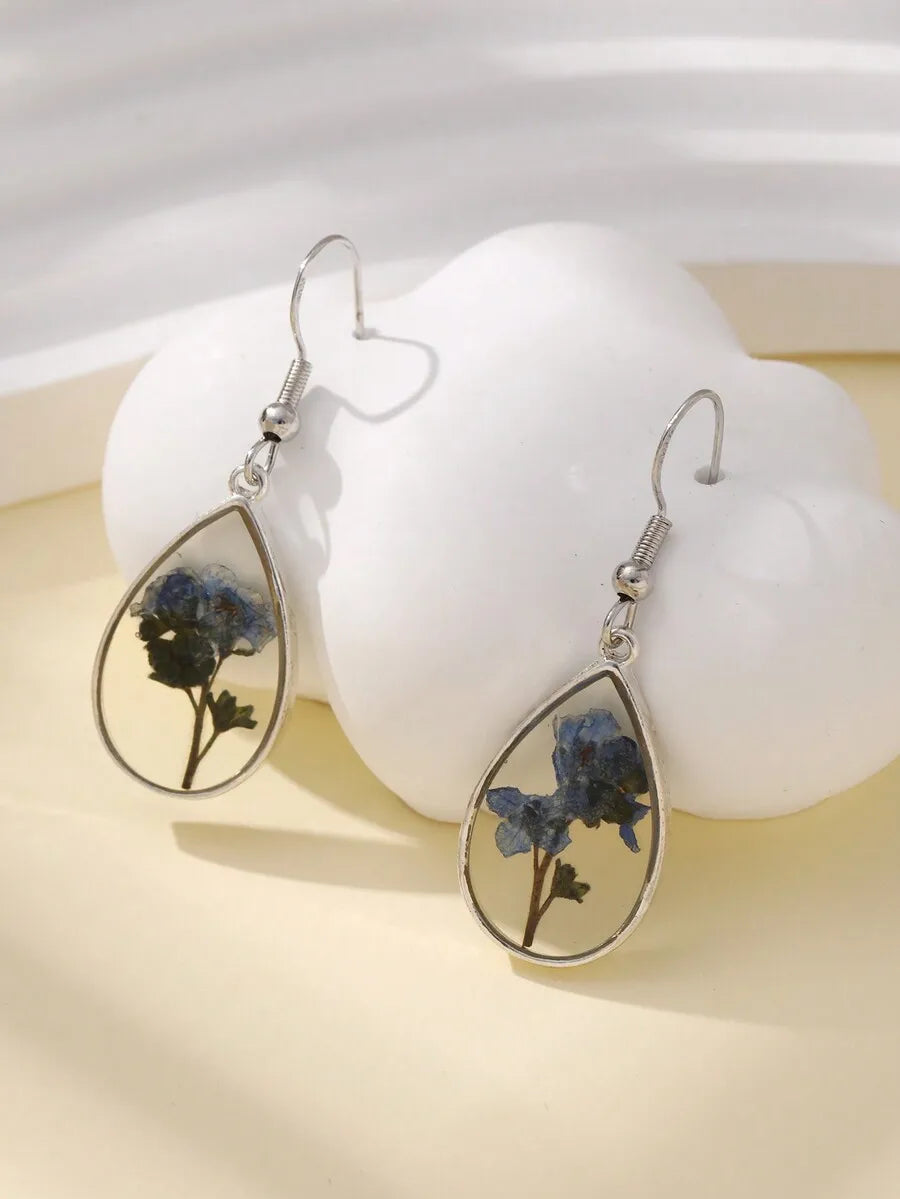 Gorgeous Dried Flower Pressed Resin Forget Me Not Blue Drop Earrings For Women