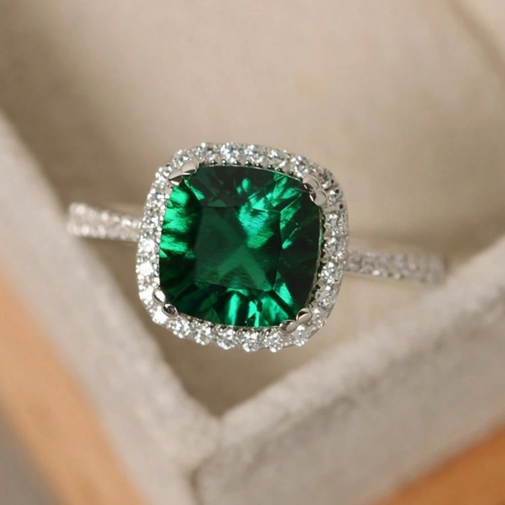 Square Green Cubic Zirconia Ring for Women High Quality