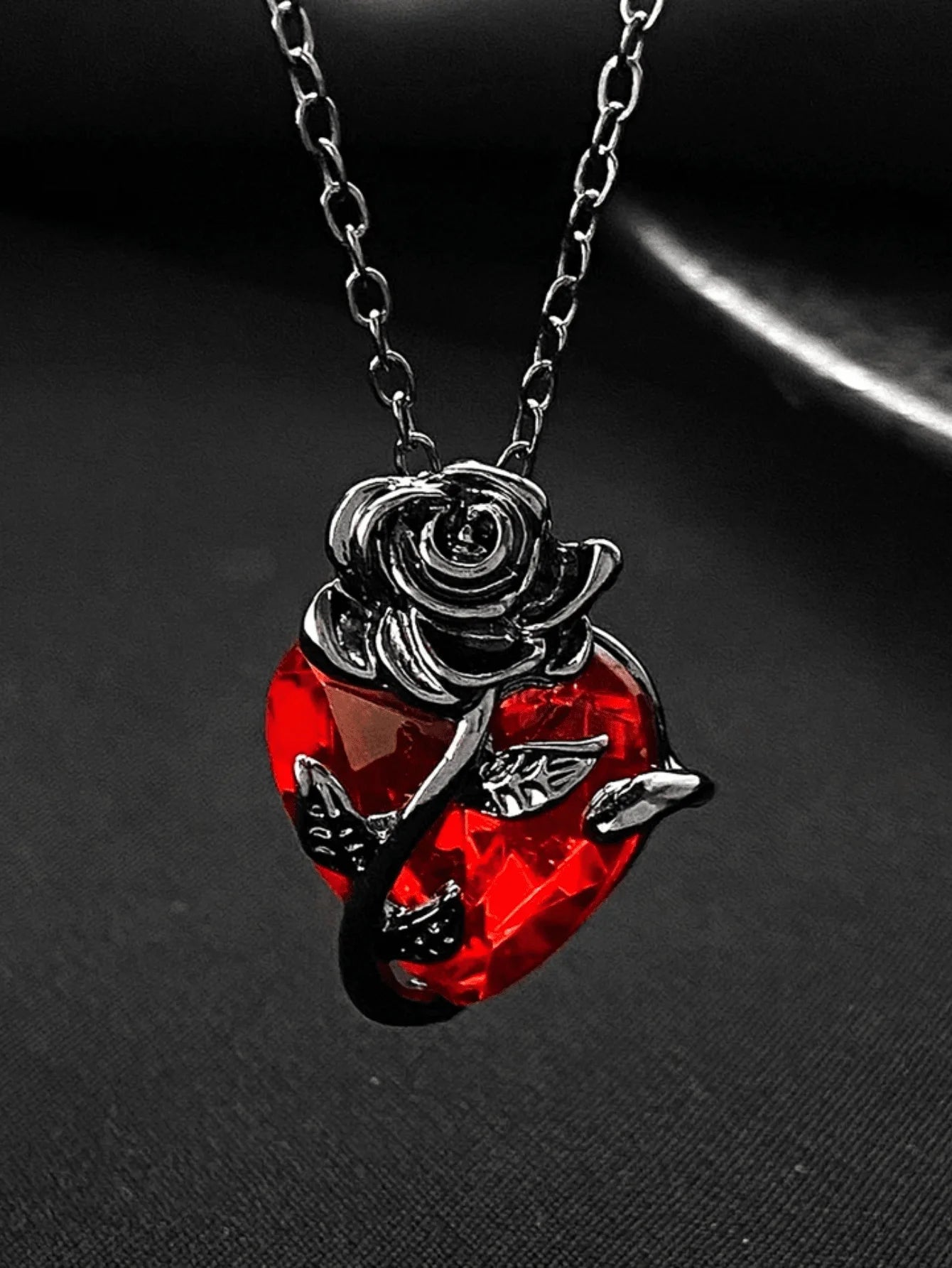 Gothic Heart Rose Pendant Necklace With Red Crystal For Women