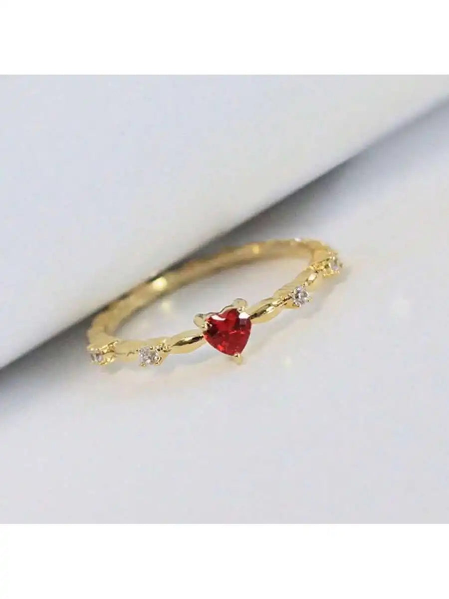 Minimalist Heart Shape Ring With Red Stone And Crystal Accents For Daily Wear