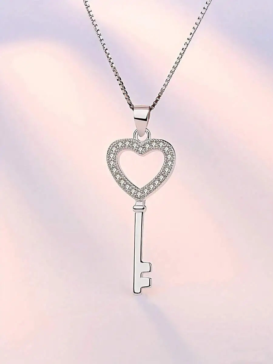 Heart Key Pendant Necklace With Cubic Zirconia, Elegant Fashion Jewelry For Women