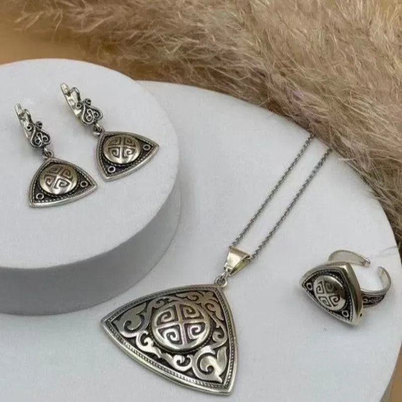 Ethnic style Kazakh element design Necklace Ring and Earring Set