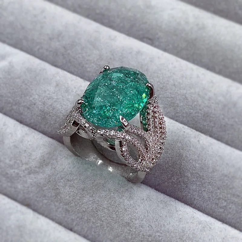 925 Silver Plated Exquisite Blue Green Moissanite Ring Fire Sparkling Luxury Open Ring