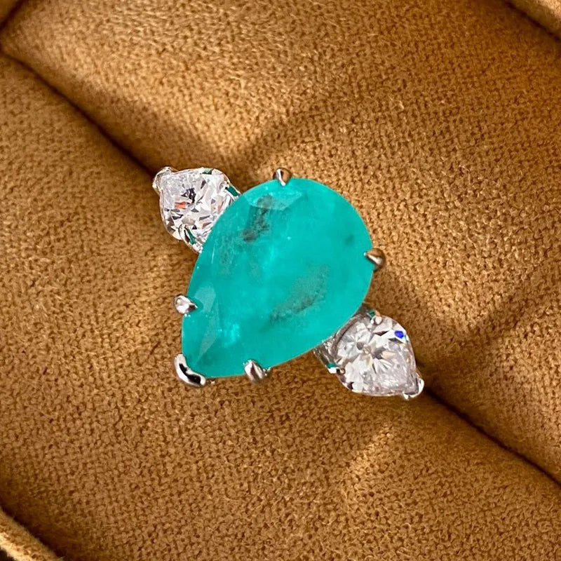 925 Silver Plated Exquisite Blue Green Moissanite Ring Fire Sparkling Luxury Open Ring