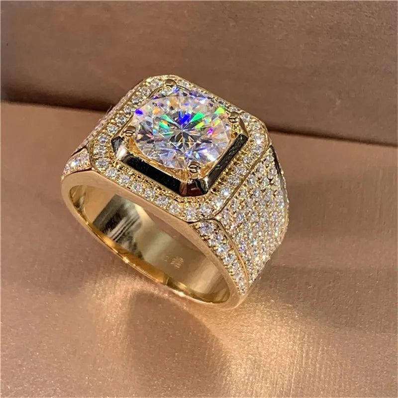 Solitaire 14K Gold plated Male 2ct Lab Diamond Moissanite Ring 925 sterling silver Ring for Men
