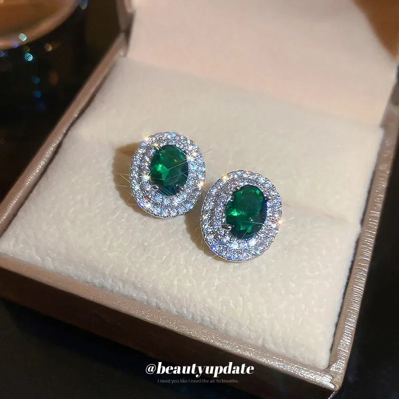 Silver Needle Emerald High-End Zircon Stud Earrings