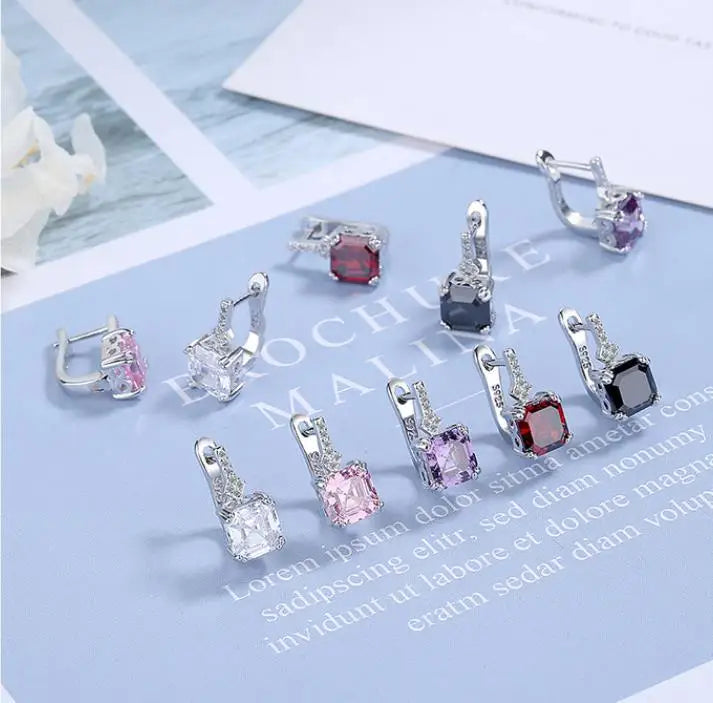 Silver Color Square Zircon Earrings for Women 925 Silver Needle Ear Buckles Earring