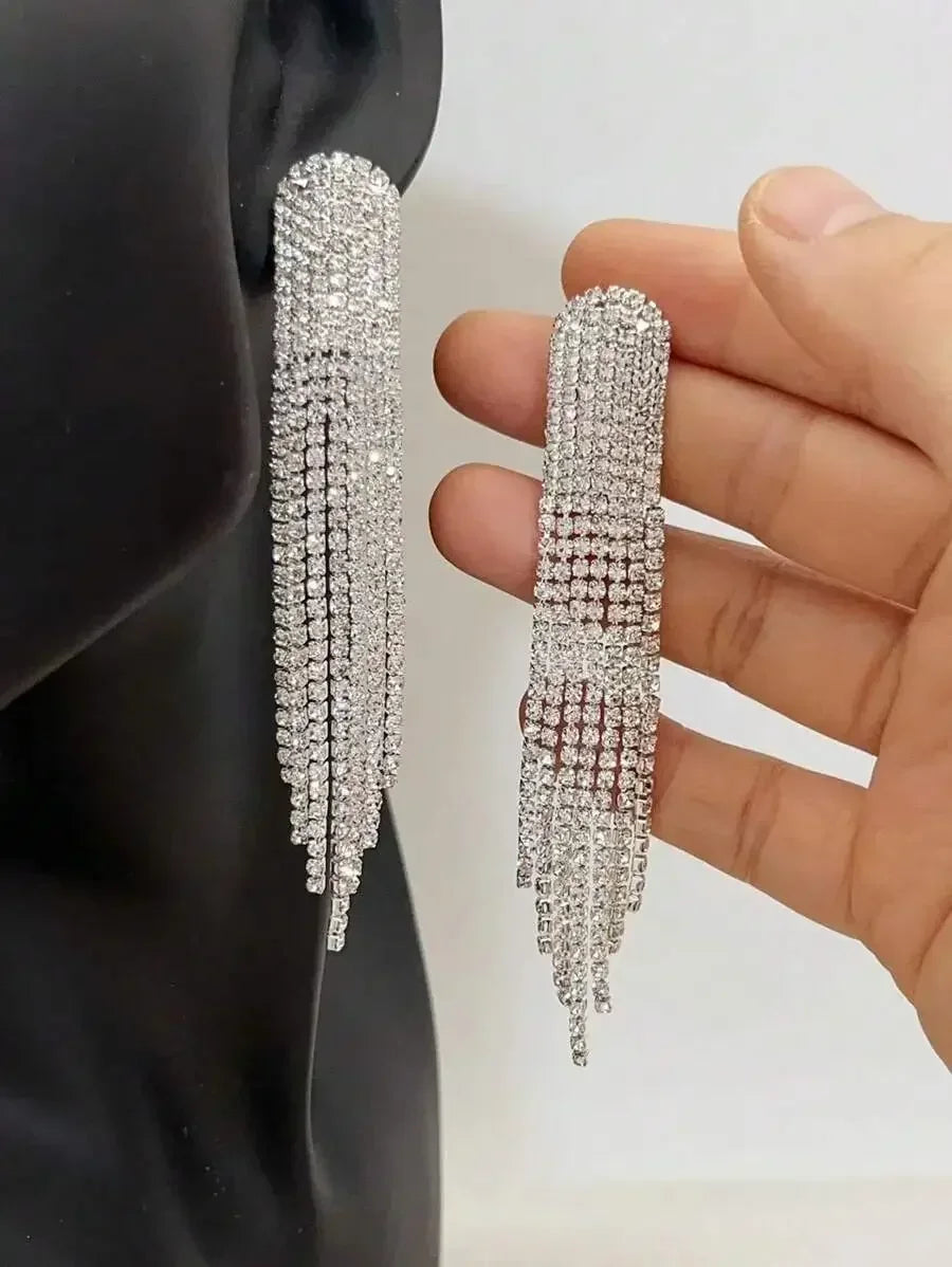 Womens Tassel Drop Earrings With White Zirconia, Mid-Length, Shiny Fashion Jewelry