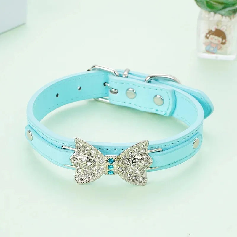 Cute PU Leather Dog Puppy Collar Bling Rhinestone Bowknot for Small Medium Larger Dog