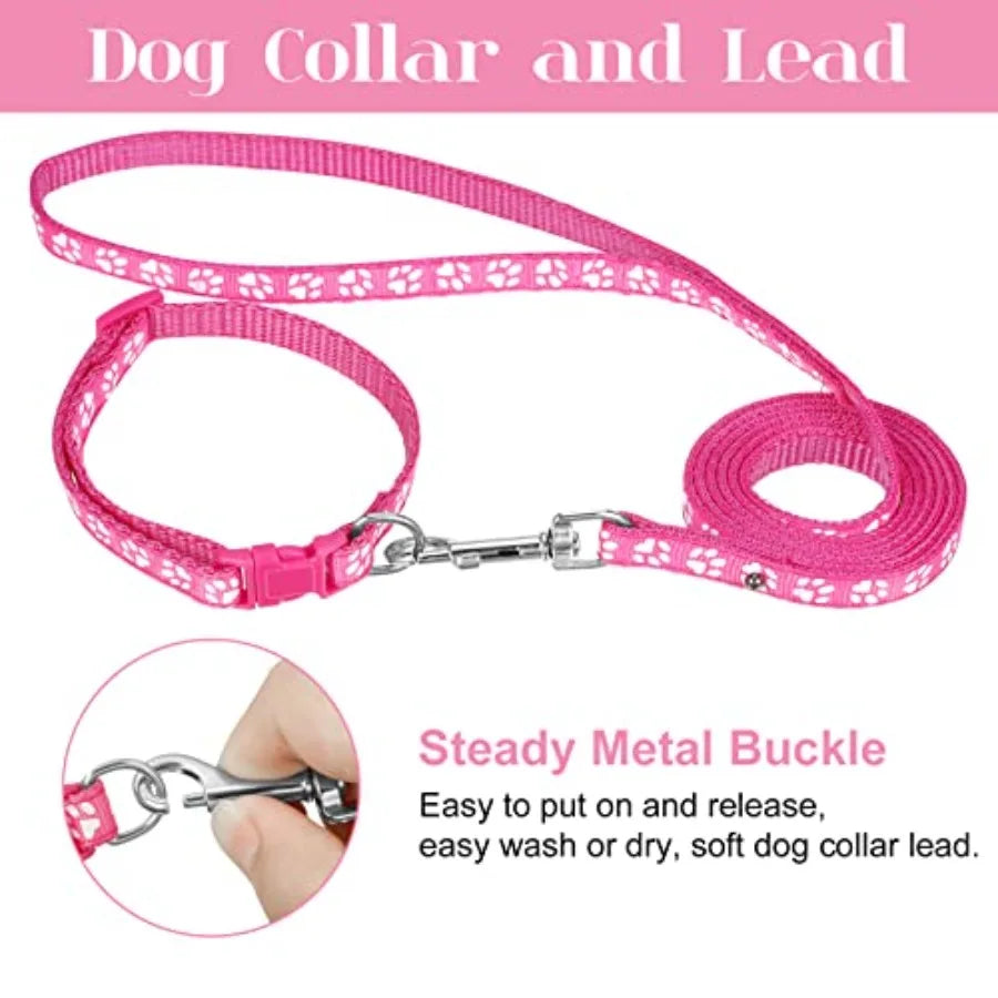 2 Packs Dog Collar and Leash Set, Puppy Collar and Lead Set Quick Release Buckle Adjustable Paw Print