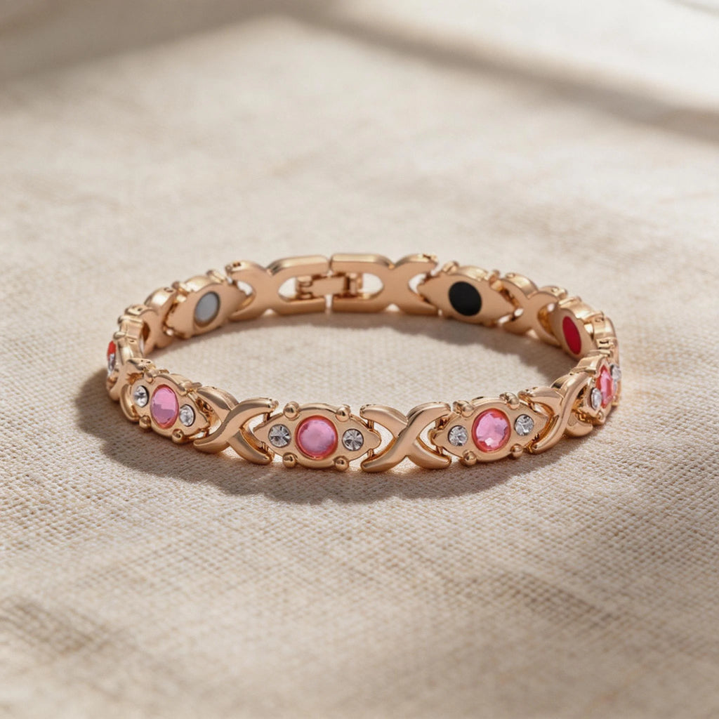 Rose Gold Magnetic Bracelet for Women, Pink Black Gemstone Crystal XO Link Health Bracelet