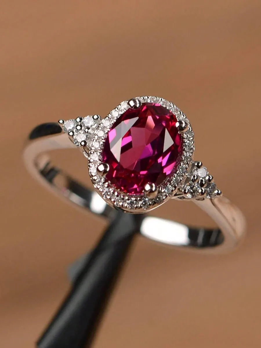 Fuchsia Cubic Zirconia Oval Ring With Pave Setting For Women
