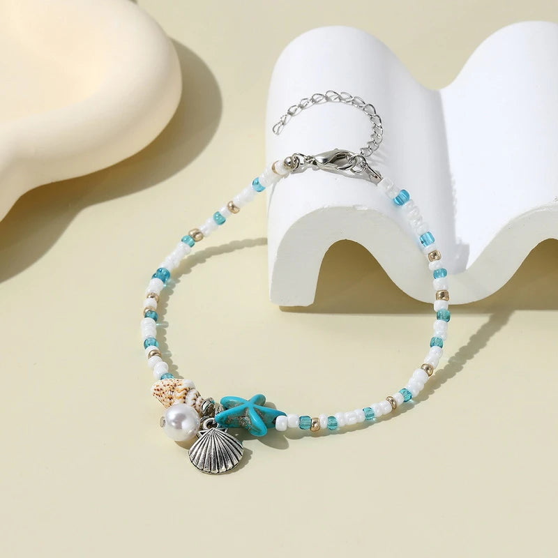 New Trend Starfish Conch Bracelet Anklets for Women Cute Adjustable Shell Rice Beads Ankle Bracelets